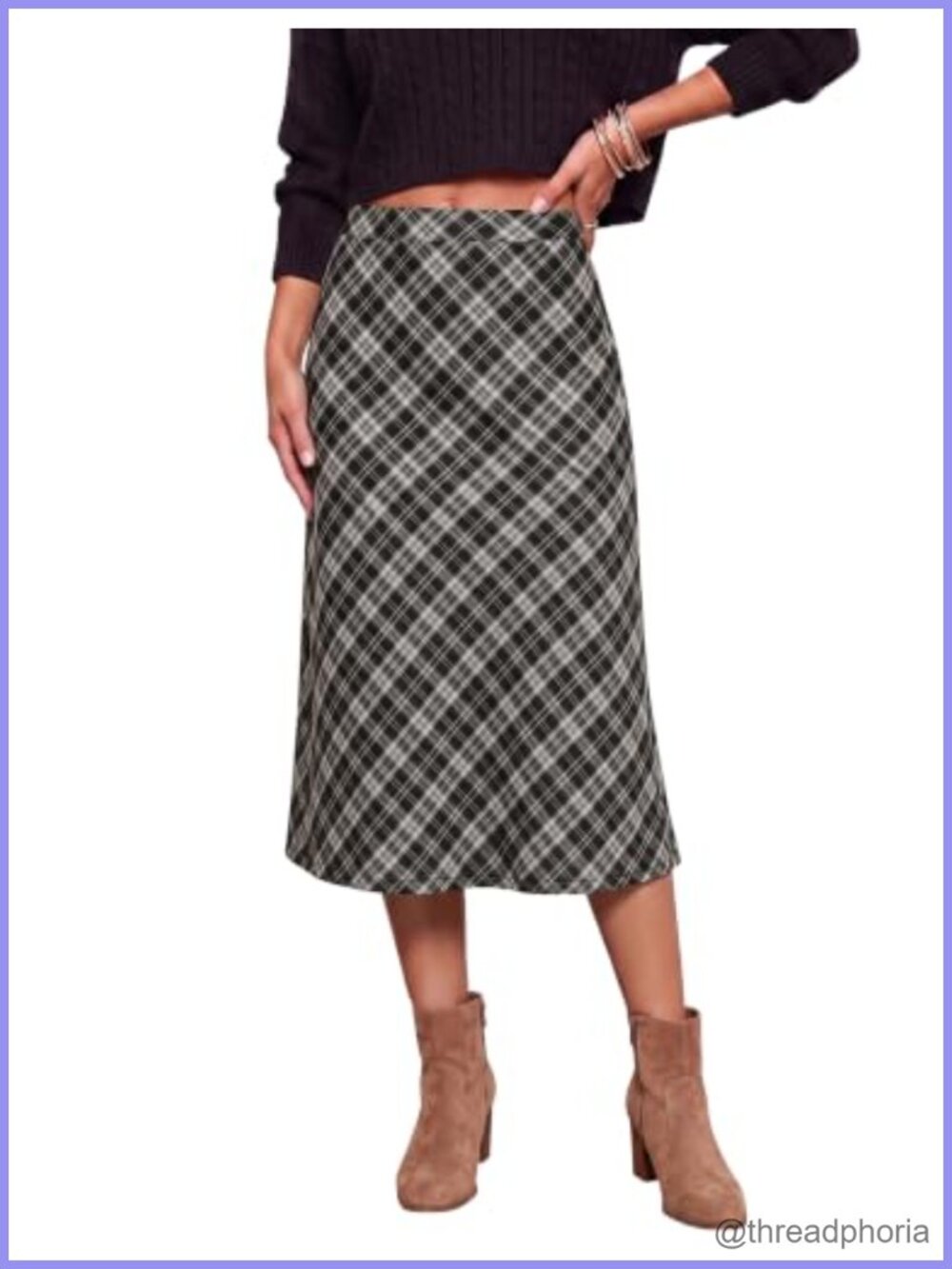 Plaid Midi Skirt High Waisted A-Line Elastic Waist